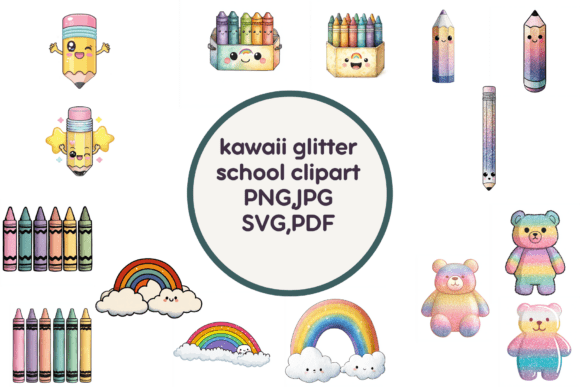 Kawaii Glitter School Clipart PNG/JPG: A Versatile Graphic Design Asset for Creative Marketing